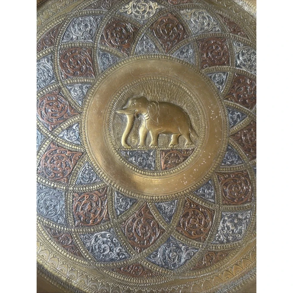 Vintage Brass Elephant Decorative Plate Hand Etched Enamel Indian Wall Decor‎